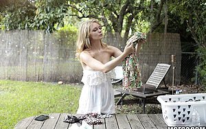 White dress busty blonde ends up getting fucked in her backyard